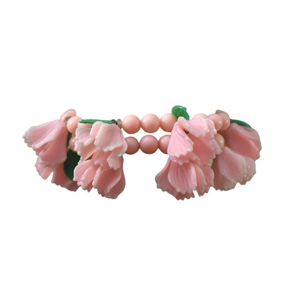 Vintage 50s Pink Celluloid Flower Green Leaves Double Strand Stretch Bracelet - Picture 5 of 6